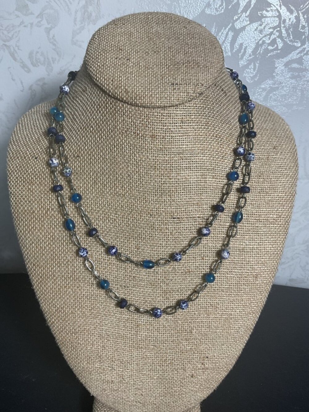 Liz & Co Vintage Blue Glass Bead Station Layering Necklace Multi Strand Chain